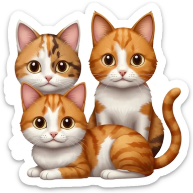 3 small cats each are different colours including a brown tabby and white, a patchy calico, and a ginger and white sticker
