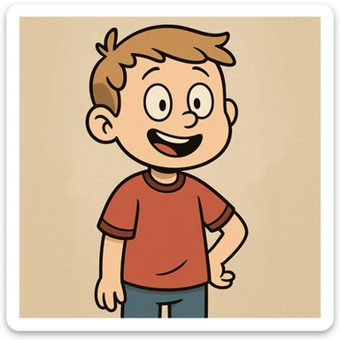 little boy, brownish blonde hair, red shirt, smiling, cartoon style sticker