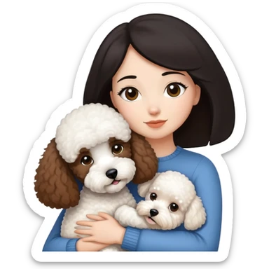Woman with short black straight hair hugging a brown poodle and a white bichon frise sticker