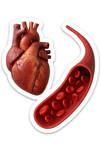 cuore anatomico umano fluttuano in aria insieme ad una vena umana con globuli rossi , iperrealistiche 4k sticker