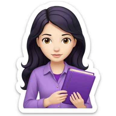 Long Hair Women with purple Book, Black wavy hair, beige shirt sticker