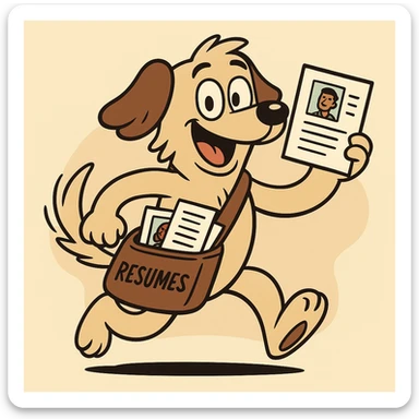 cheerful dog with a mailbag, delivering resumes, wagging tail, cartoon style, symbolizing finding and sending talent sticker