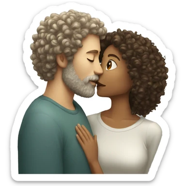Curly haired woman kissing white man with beard sticker