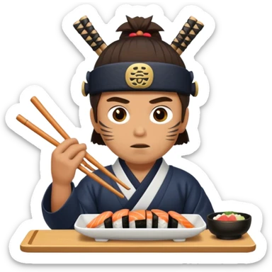 Man with wide eyes eating sushi in a samurai outfit sticker