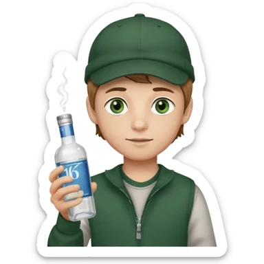 garçon avec yeux vert foncé qui a une puff 16k jnr à l’un main et une bouteille de vodka à la main avec une coupe casquette et les cheveux chatin clair  sticker
