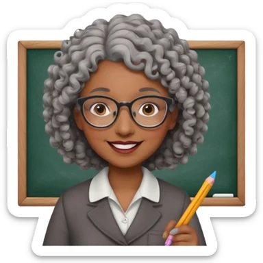 woman teacher, brown skin, curly grey hair, old, wearing glasses, hold chalk on hand sticker