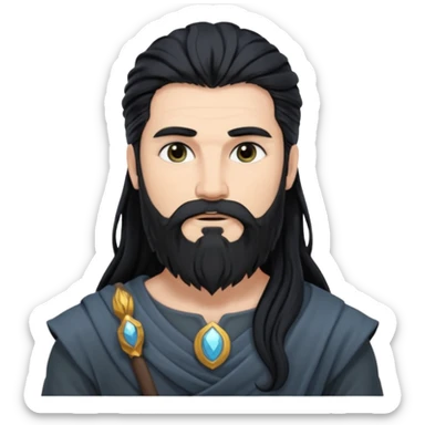 Boreas, North Wind God from Rome Mythology with long jet black hair and beard, dark gray outfit sticker