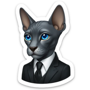 dark grey sphinx with bright blue eyes wearing black suit, portrait sticker