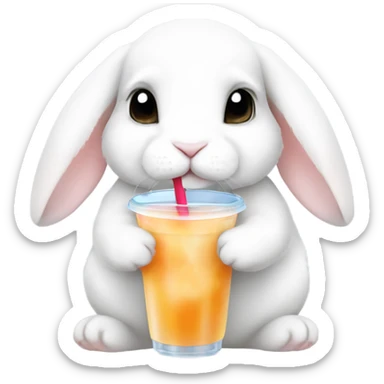White mini lop rabbit drinking boba tea sticker