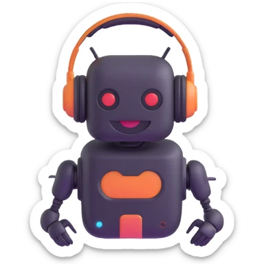 Smiling robot support assistant with headphones in messaging interface sticker