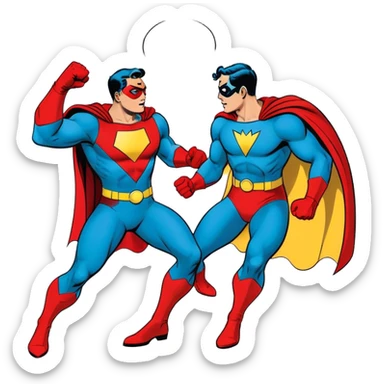 Vintage American comic book style, 2-3 overlapping panels, bold black outlines, halftone dots, retro color scheme (red, yellow, blue), dynamic action, speech bubbles, minimalistic design, on a white background. sticker