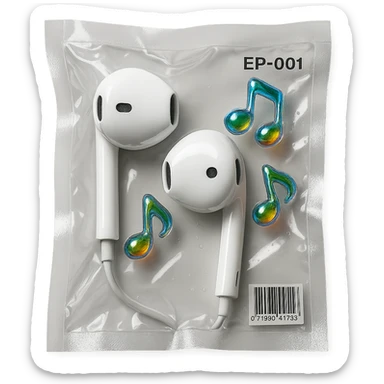 pair of white EarPods with three small rainbow glass music notes floating nearby, shiny and inflated sticker
