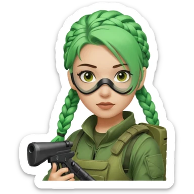 paintball player face girl braided green hair sticker