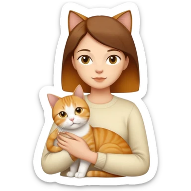 Straight short hair ear length in dark brown , skin tone honey . holding 3 cats - 1 ginger cat , 1yellow white cat , 1 cream color cat British short hair same size  sticker