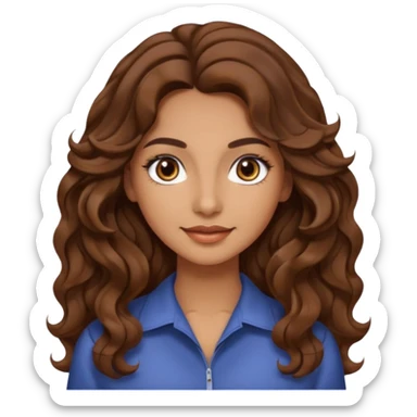 She has long, brown hair styled in soft wavy curls with a middle part. She has well-shaped eyebrows and dark brown eyes. She is wearing light makeup that highlights her natural beauty and is offering a slight smile to the camera.  sticker