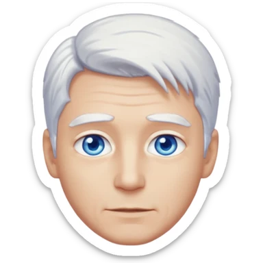 Sure! Here’s the English version of your description: 	•	Hair: White with a silvery tint, short and slightly messy, giving him a distinctive and striking appearance. 	•	Eyes: He has bright blue eyes that seem to sparkle, almost glowing sticker