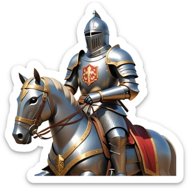 clash-of-clans-aesthetic_-cinematic-fearsome-and-majestic-knight-bust-portrait-emoji, rendered in a flat, vector-style with minimal shading and bold, simplified shapes, depicting a battle-ready medieval knight with steely eyes and intricate armor, mounted on a heavily armored warhorse with gleaming plated barding reflecting sunlight over a misty battlefield. sticker