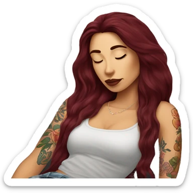 Beautiful tattooed burgundy long haired woman napping on sofa sticker
