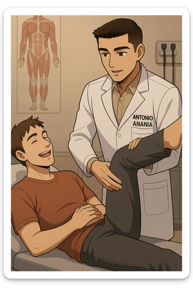 fai un webtoon manga a colori con questo stile, in cui un uomo è steso sul lettino medico e il kinesiologo con il camice bianco (fagli anche la scritta "ANTONIO ANANIA" SUL CAMICE, gli solleva una gamba per fargli il test neuromuscolare, IL KINESIOLOGO SPIEGA ALL'UOMO UNA cosa mentre gli alza la gamba. l'espressione dell'uomo è felice e soddisfatta, non fare i fumetti però, fai solo in modo che sembri stiano parlando, il lettino fai in modo che si veda tutto intero sticker