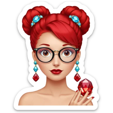 gem lover woman with gem accessories excessive amount gem glassess very big gem earrings red bun hair and red diamonds sticker
