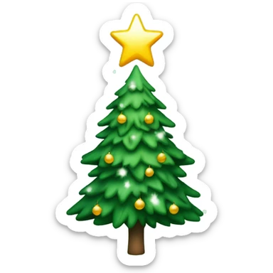 A Christmas tree that is green with snow on it and a shinning star and decorations sticker