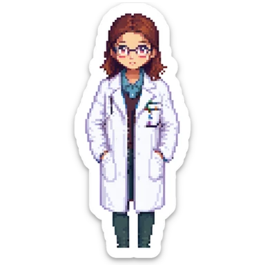 A researcher in a white coat sticker