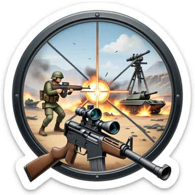 An icon featuring the crosshairs of an automatic rifle in the foreground, with a battlefield in the background. The design captures the intense focus of a first-person shooter game, with soldiers and explosions visible through the sights. Transparent background. sticker