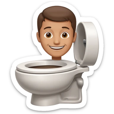 a toilet with a guy's head sticking out of the bowl. he has a big smile and thin brown hair sticker