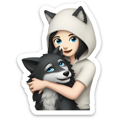Girl with black hair pale skin blue eyes hugging a wolf  sticker
