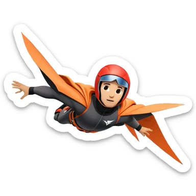 A daring wingsuit athlete soaring between towering mountains, with their wingsuit fully stretched, cutting through the air at high speed. The background features dramatic cliffs and a vast sky, emphasizing the thrill and freedom of base jumping. sticker