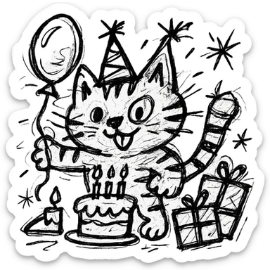 chaotic outlined icon of a playful kitten with stripes, birthday hat, holding a balloon, cake and presents scattered around sticker