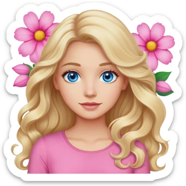 Blonde blue eyed women with long wavy hair pink flower background pink top sticker