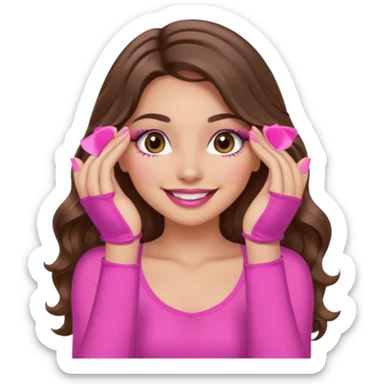girl with long wavy brown hair, brown eyes, long lashes, sexy pink lips, light to medium complexion, wearing a pink sexy top, smiling, hands covering the eyes sticker