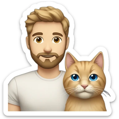 white man with beard dark hair blue eyes with a big fluffy beige cat sticker