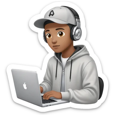 rapper developer with hoodie, baseball cap, headphones and laptop coding sticker