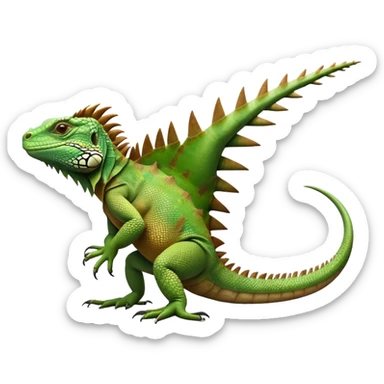 cinematic-iguana-realistic-full-body-basking-emoji,-long-scaly-body-stretched-out,-spiny-ridge-running-down-its-back,-textured-green-and-brown-skin-dappled-with-light,-sharp-intelligent-eyes-studying-the-surroundings sticker