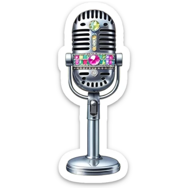 Create a glamorous and vibrant emoji representing stage vocal performance. The design should feature a classic vintage microphone at the center, surrounded by humanless an eye-catching stage costume covered in rhinestones, sparkling brightly. The costume should be stylized, with glittering elements like sequins and sparkles, and reflect the glitzy, extravagant nature of show business. The microphone should have a sleek, retro look with chrome or metallic accents. Use rich, dazzling colors like gold, silver, deep purple, and bright red to evoke the glamorous, larger-than-life feel of a stage performance. The background should be transparent. sticker