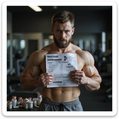 realistic young inexperienced bodybuilder with swollen but undefined muscles in gym, holding dosage chart with obvious errors and warning symbols, anabolic vials scattered, confused and worried expression, dramatic lighting, isolated on white background, 4K quality sticker
