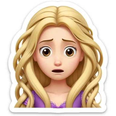 Cinematic Funny Rapunzel Portrait Emoji, Looking exhausted while tangled in her own hair, a dramatic sigh, eyes rolling with humorous exasperation, a hilariously relatable moment for the long-haired princess! sticker