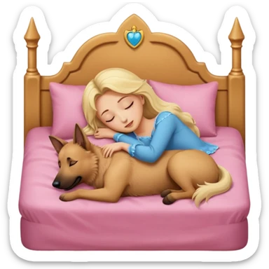 White Belgian shepherd dog with Brown eyes sleeping On a Princessbed with a blonde lady with blonde hair sticker