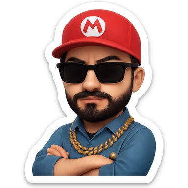 Remix the image as a gangster Mario: a person with glasses, short dark hair, mustache and beard, wearing a red hat and overalls like Mario, gangster style including a gold chain and sunglasses, confident pose, no background. Maintain the essence of the original image but transform it into this gangster Mario style. sticker