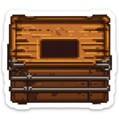 Flat 2D wooden crate with metal reinforcements, color #c2410c with darker wood grain, visible wood grain texture, metal bands across the crate, no perspective, flat 2D appearance, breakable look, simple warning symbol, 32x32 pixels sticker