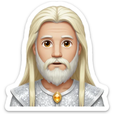 Baldr, God of Light with long white blonde hair and beard, white sequin outfit sticker