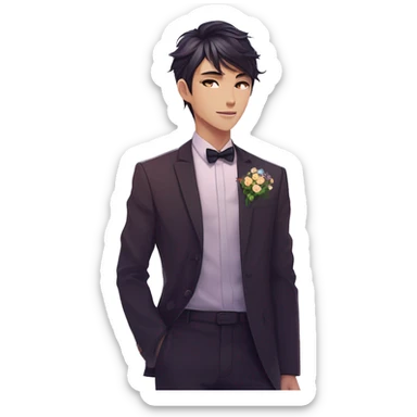 Gorgeous romantic anime style Asian formal modern gentlemanly guy with cat ears and flowers and blushing face aesthetic trending style outside with colorful gradient colors sticker