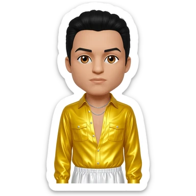 Freddie Mercury with brown eyes, black hair, yellow metallic shirt, white metallic baggy pants, silver necklace sticker