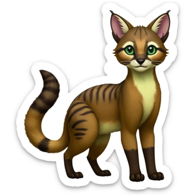 Colorful dark tropical dusky-hunter-green and dark-brownish glorious divine exotic cute cool beautiful shiny beautiful fantasy-caracal-civet-genet-sergal-vernid-Cacomistle-oncilla-animal-Fakémon-hybrid-fursona (full body) sticker