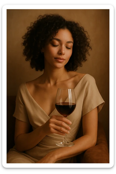 A woman with curly hair holding a glass of wine sticker