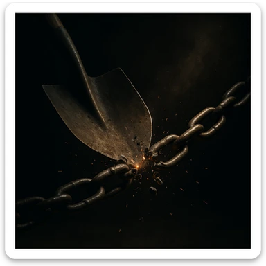 a shovel breaking a chain, dramatic lighting, semi-realistic sticker