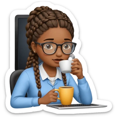 Make a black female software engineer with glasses  and braids coding, crying and drinking coffee sticker