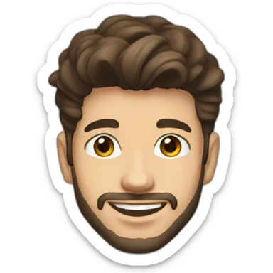 young man with short beard smiling medium long rockabilly style brown hair with light skin and dark brown eyes wearing black sweatshirt hoodie sticker